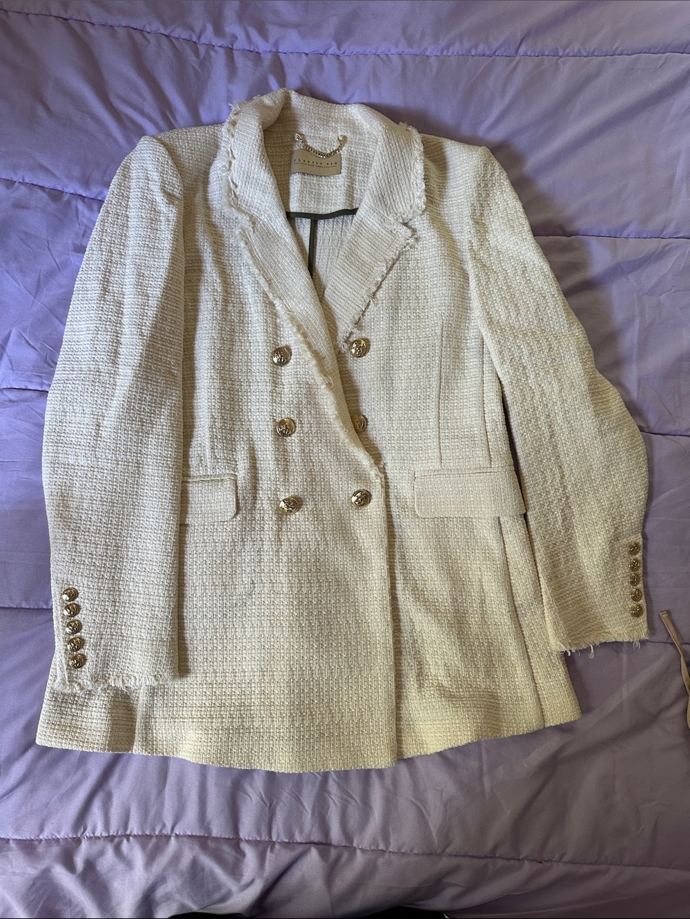 Cream Tweed Double-Breasted Blazer with Gold Buttons